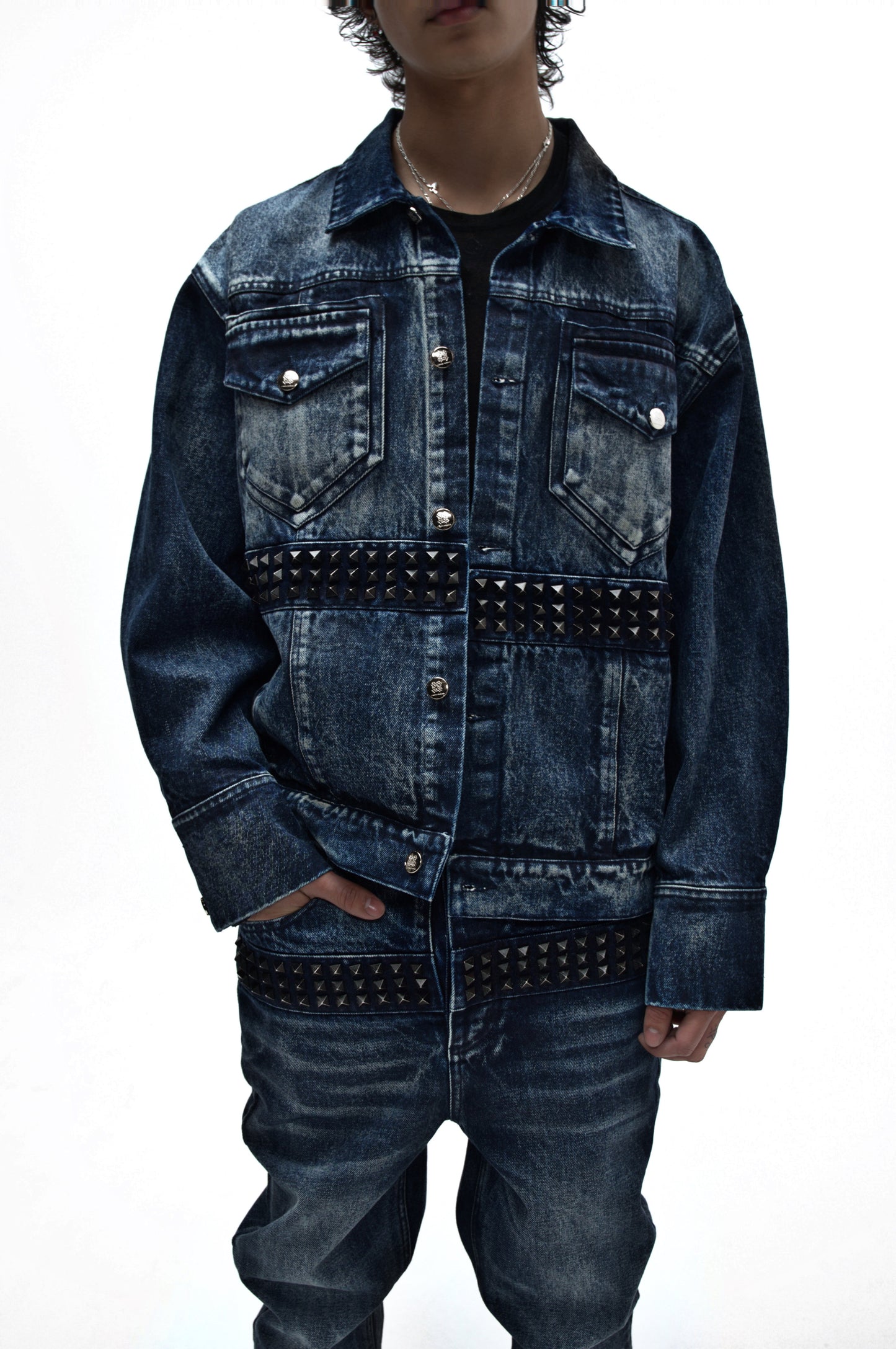 Demaci® Studded Waxed Denim Jacket (Blue)