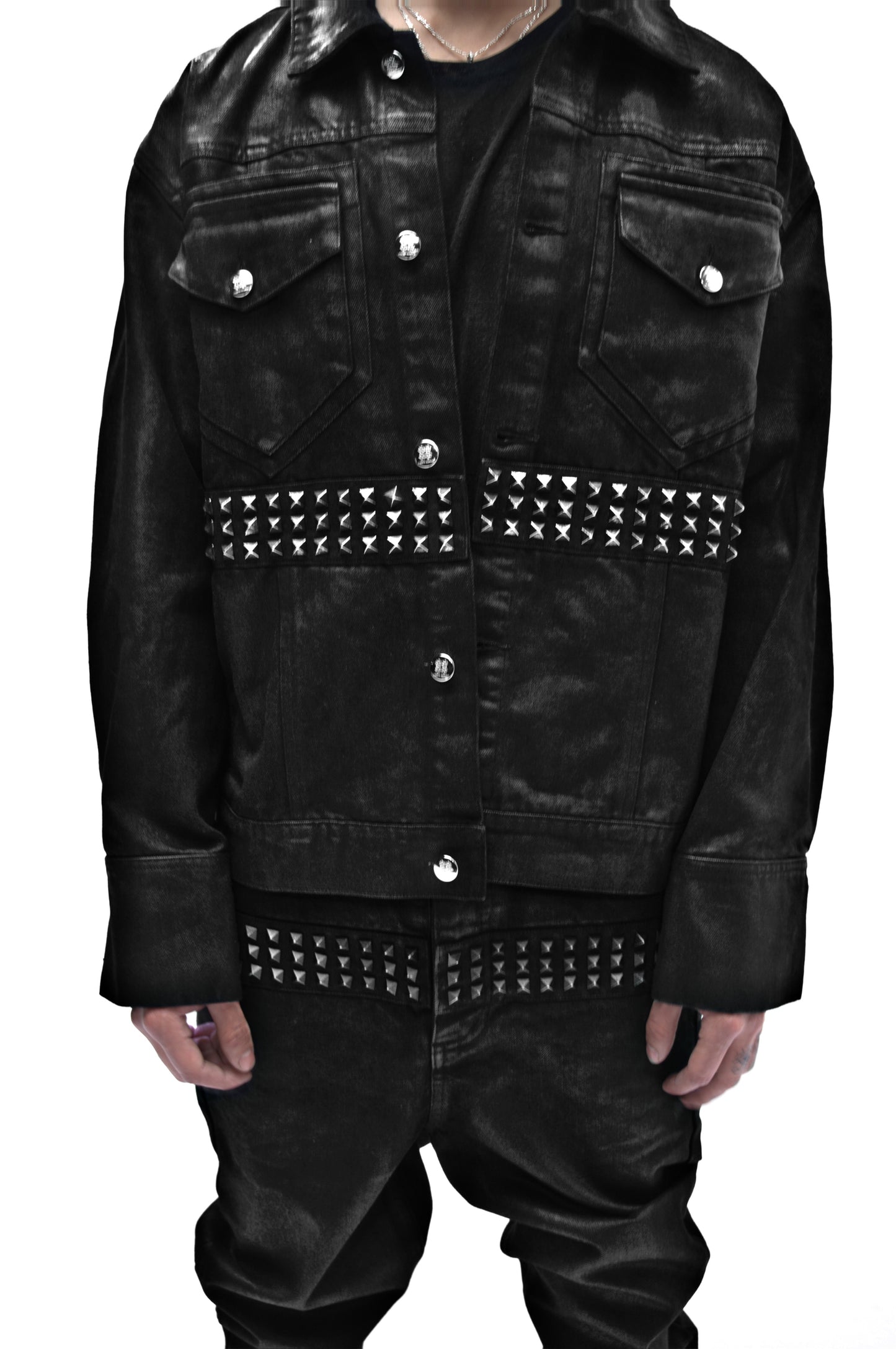 Demaci® Studded Waxed Denim Jacket (Black)