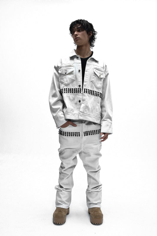Demaci® Studded Waxed Denim Jacket (White)