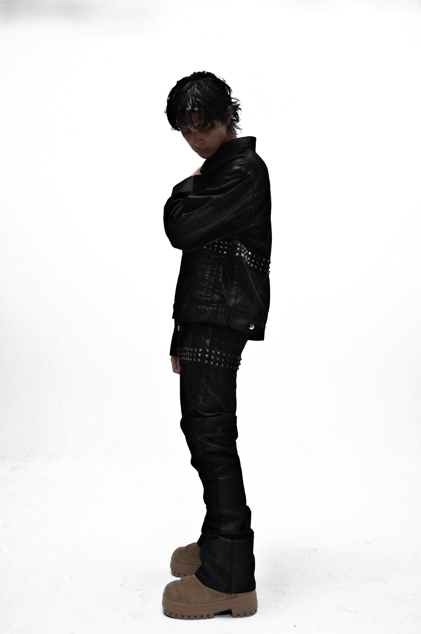 Demaci® Studded Waxed Denim Jacket (Black)