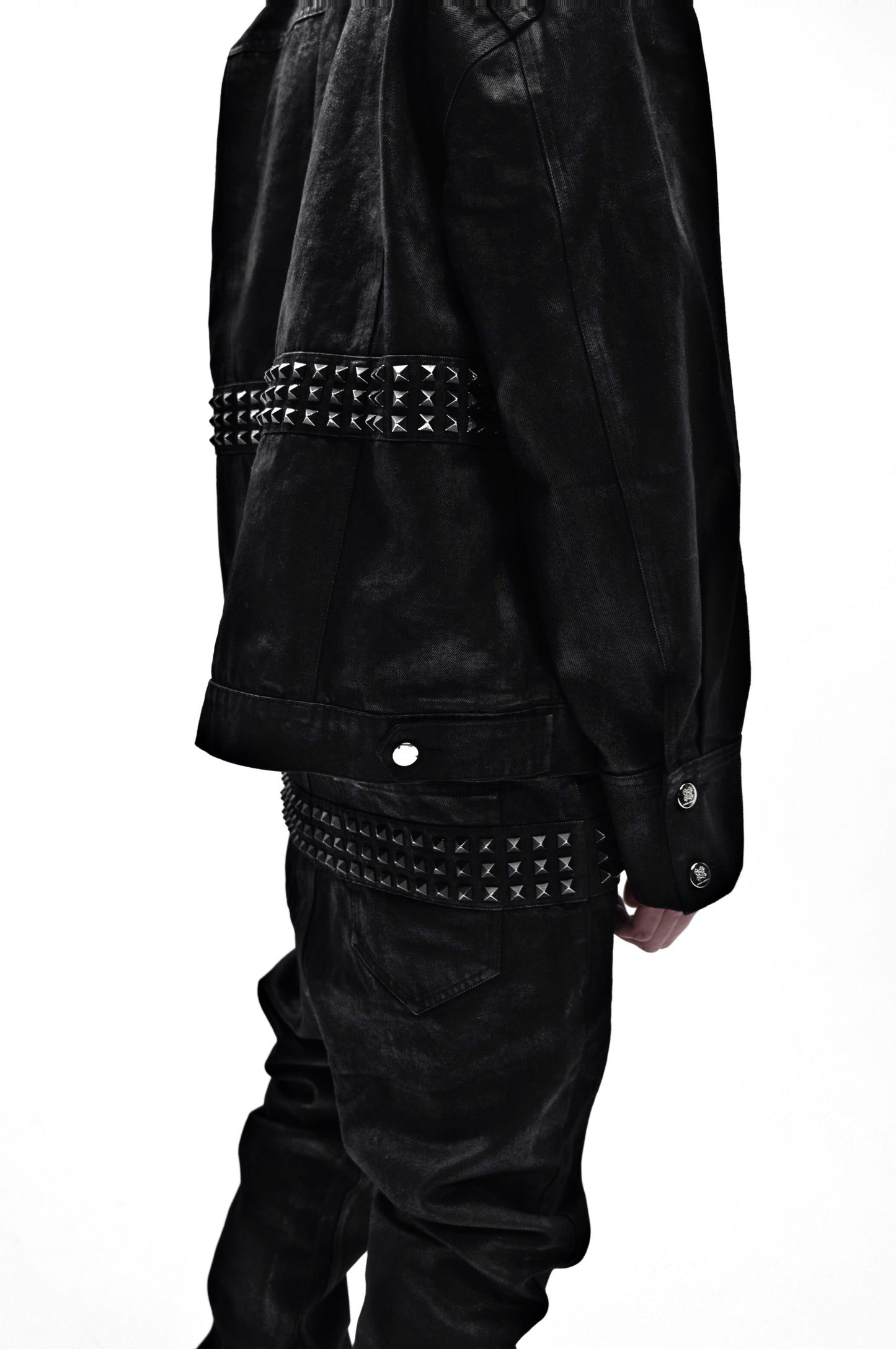 Demaci® Studded Waxed Denim Jacket (Black)