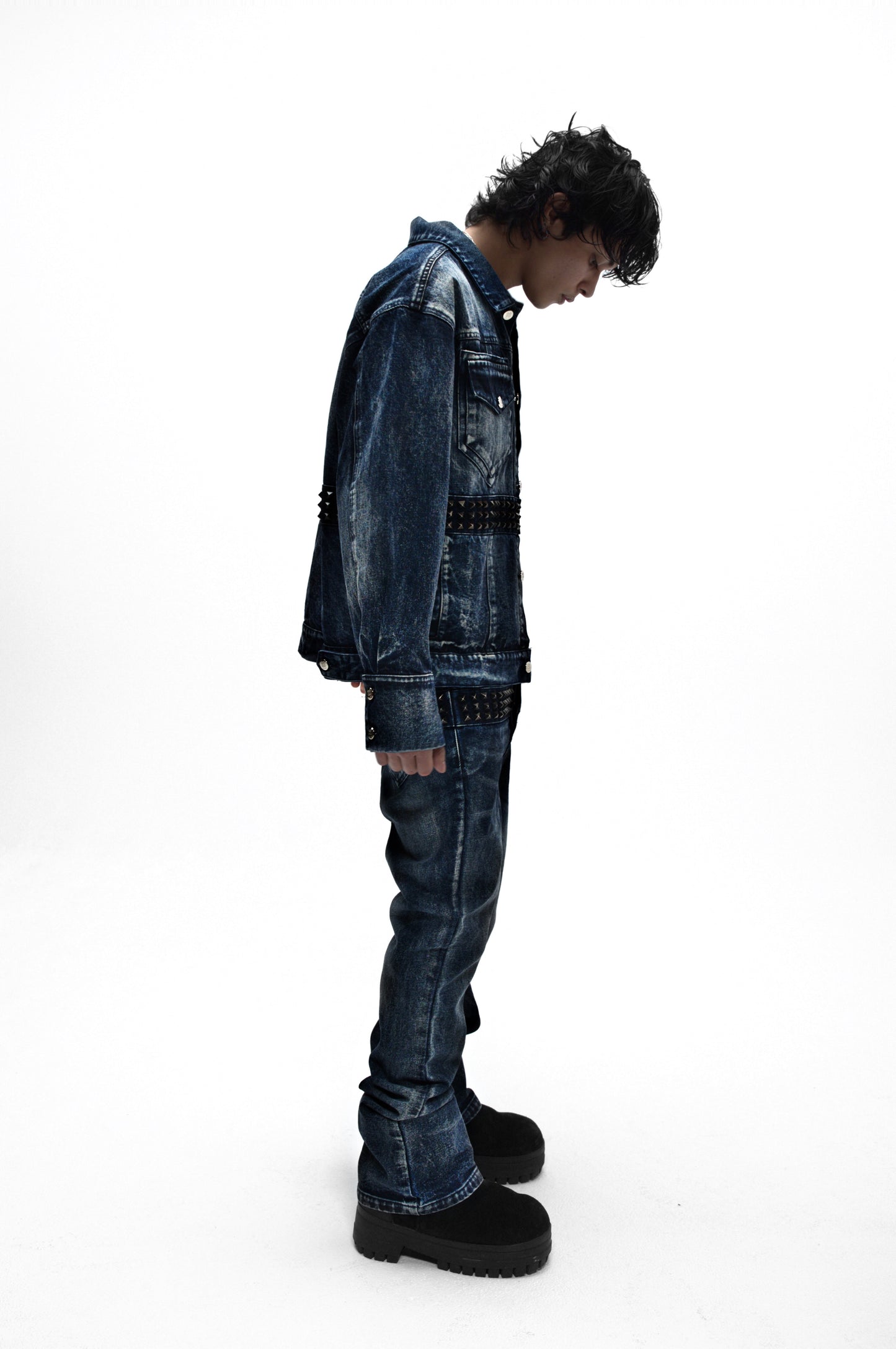 Demaci® Studded Waxed Denim Jacket (Blue)