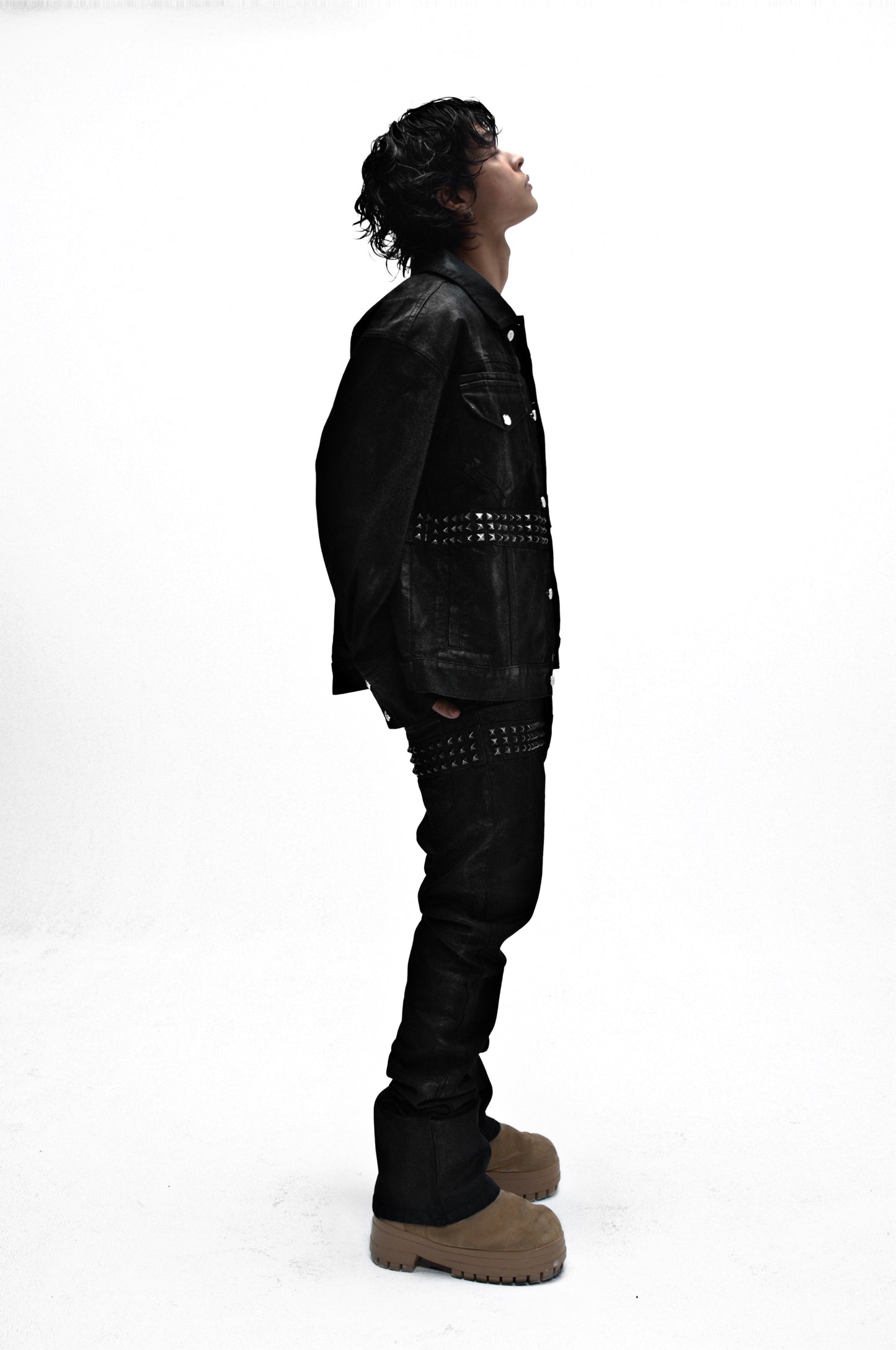 Demaci® Studded Waxed Denim Jacket (Black)